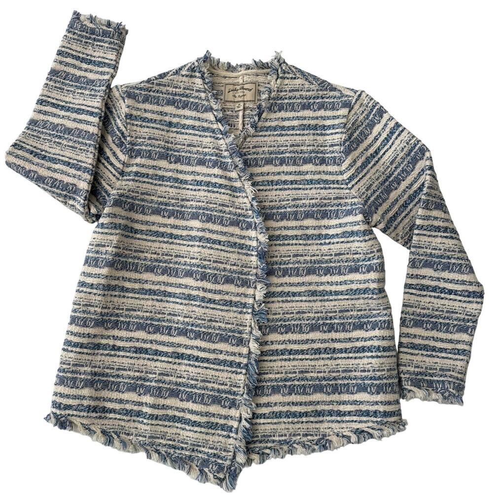 Lucky Brand tweed striped blue & cream open front fringed jacket size medium
